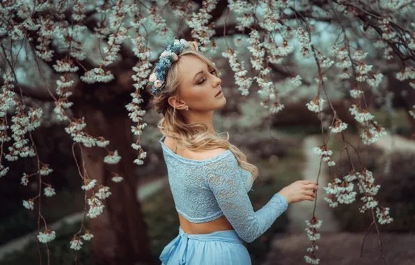 Picture girl, branches, cherry, pose, tree, mood, spring, flowering, wreath, flowers, Monika Metzner, Andreas-Joachim Lins