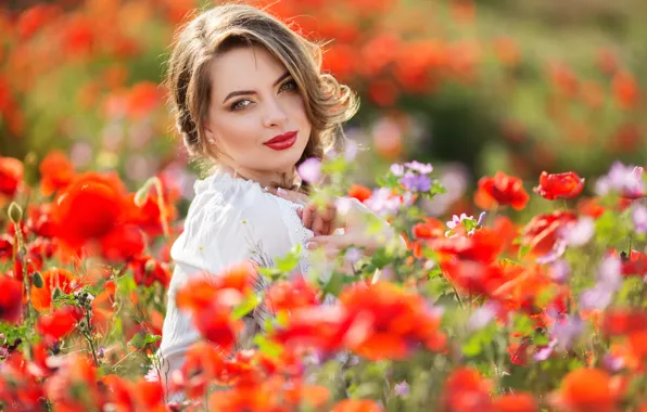 Picture field, summer, look, girl, flowers, Maki, hands, makeup, hairstyle, photoshoot, bokeh