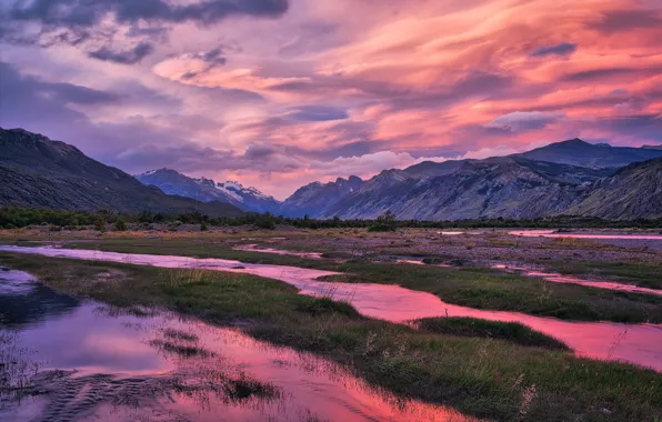 Picture the sky, clouds, light, mountains, river, the evening