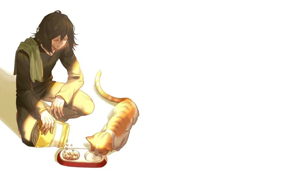 Picture package, white background, guy, food, sad, red cat, feeder, Boku no Hero Academy
