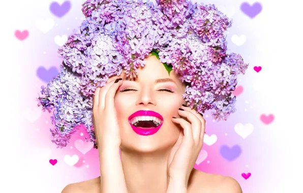 Picture girl, joy, flowers, face, laughter, hands, makeup, hearts, white background, beautiful, lilac, closed eyes, on …
