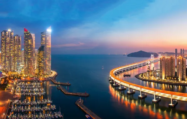 Picture sea, sunset, bridge, building, port, night city, skyscrapers, South Korea, harbour, South Korea, Busan, Busan, …