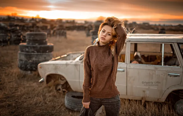 Picture sunset, pose, background, model, portrait, jeans, the evening, makeup, figure, tires, hairstyle, dump, brown hair, …