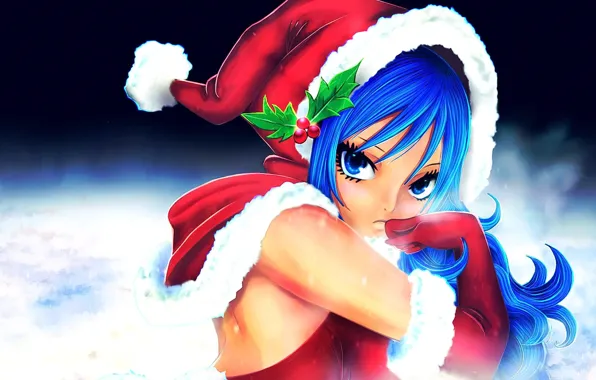 Picture girl, Christmas, long hair, anime, blue eyes, face, Fairy Tail, gloves, Christmas hat, blue hair, …