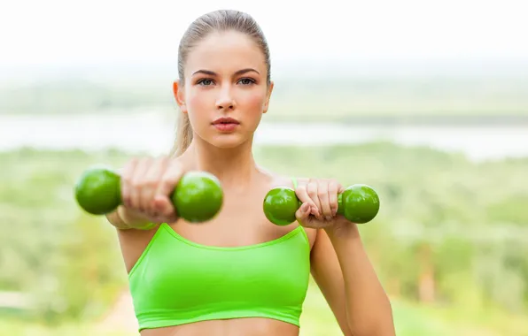Picture look, girl, background, makeup, hairstyle, blonde, topic, beauty, fitness, green, bokeh, training, dumbbells, exercise