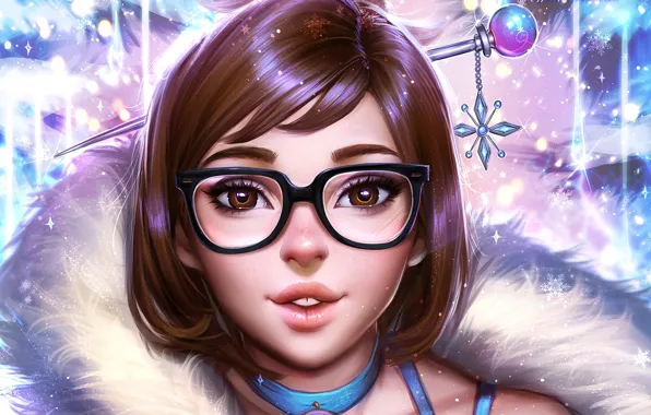 Picture winter, girl, face, holiday, glasses, beauty, New year, blizzard, art, happy new year, mei, overwatch, …