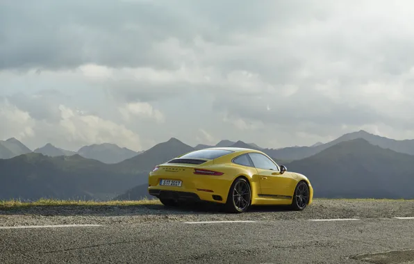Picture road, yellow, markup, Porsche, rear view, 2018, mountain landscape, 911 Carrera T, 370 HP