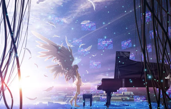 Picture the sky, girl, stars, the city, wire, home, wings, anime, feathers, piano, angel beats!, angel …