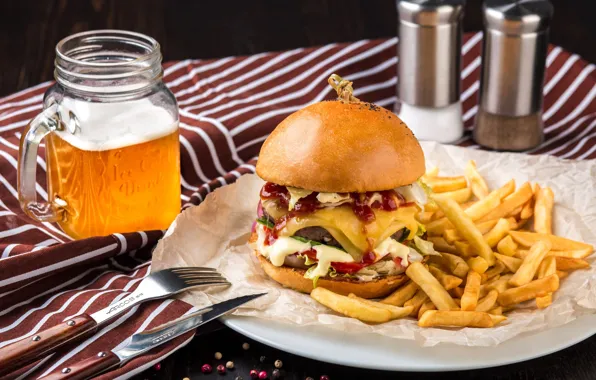 Picture beer, French fries, Burger