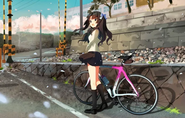 Picture city, girl, bike, anime, street, japanese, bishojo, bike girl, by sanoboss