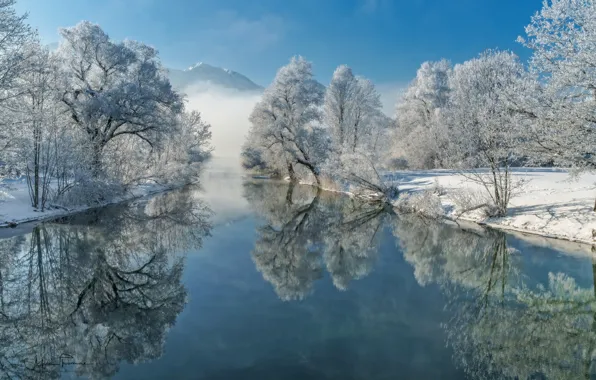 Picture winter, frost, trees, reflection, river, Germany, Bayern, Germany, Bavaria, Loisach River, The River Loisach