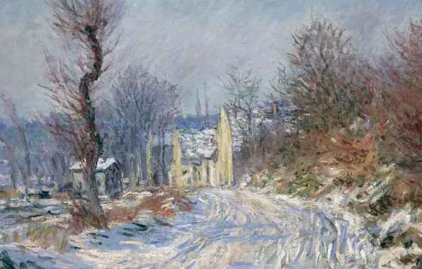 Picture snow, landscape, house, tree, picture, Claude Monet, Claude Monet, Road to Giverny in Winter