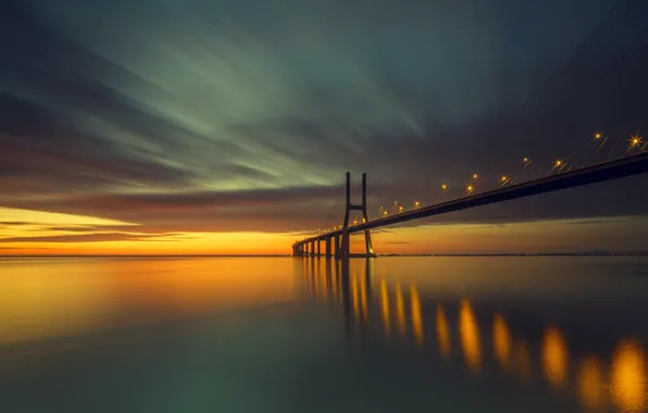 Picture light, bridge, lights, Strait, Portugal, tide