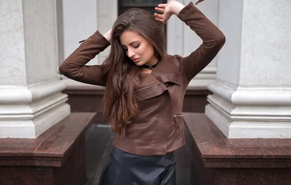 Picture pose, model, the building, skirt, makeup, jacket, hairstyle, brown hair, bokeh, Veronica, Dmitry Sn