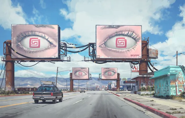 Picture road, eyes, mountains, cars, buildings, billboards