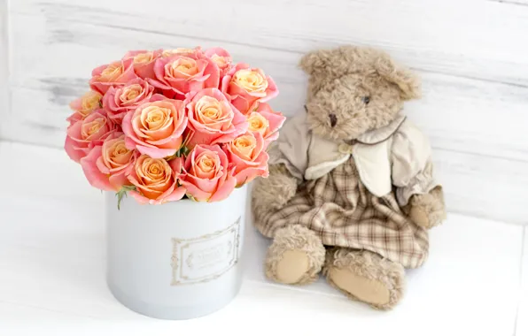 Picture love, flowers, box, toy, roses, bouquet, bear, love, bear, pink, flowers, romantic, teddy, roses, cute
