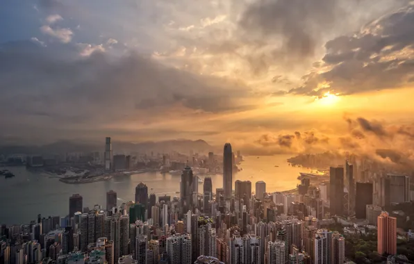 Picture dawn, Hong Kong, morning, skyscrapers, megapolis, skyline, Hong Kong