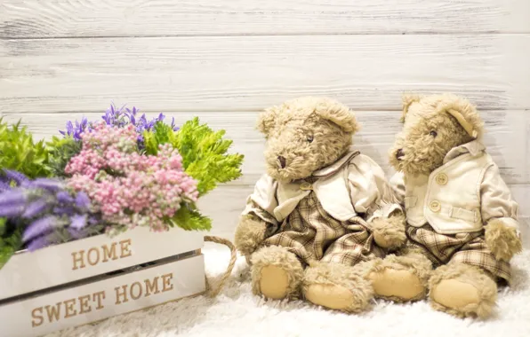 Picture love, flowers, toy, bouquet, bear, pair, love, bear, wood, flowers, romantic, couple, sweet, teddy, home