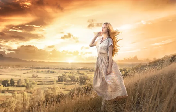 Picture the sky, grass, girl, sunset, mood, hair, view, Damien Prokhorov