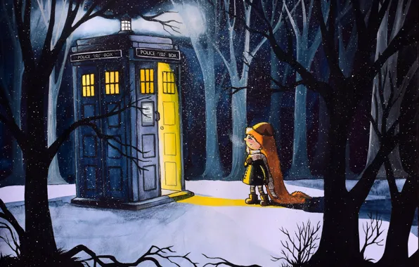 Picture winter, forest, snow, figure, winter, art, girl, booth, Doctor Who, Doctor Who, The TARDIS, TARDIS