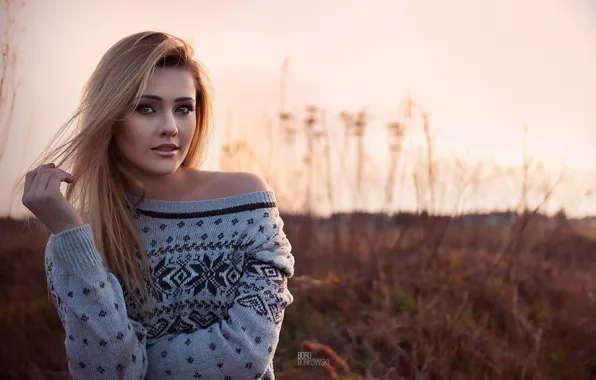 Picture field, the sky, grass, look, the sun, sunset, model, portrait, makeup, hairstyle, blonde, beauty, nature, …