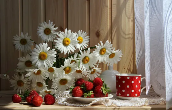 Picture flowers, table, chamomile, strawberry, berry, plate, mug, still life, red, curtain, tablecloth
