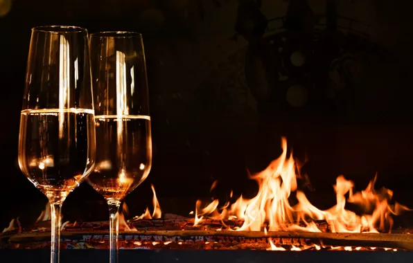 Picture decoration, night, fire, New Year, glasses, fire, fireplace, champagne, 2018, New Year, decoration, Happy