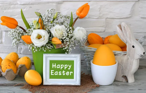 Picture flowers, Easter, tulips, happy, yellow, flowers, tulips, spring, Easter, eggs, decoration, the painted eggs