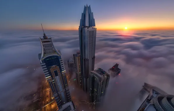 Picture the city, fog, Dubai, skyscrapers, UAE, the top