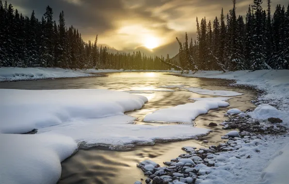 Picture winter, forest, snow, sunset, river, Canada, Albert, Banff National Park, Alberta, Canada, Banff national Park, …