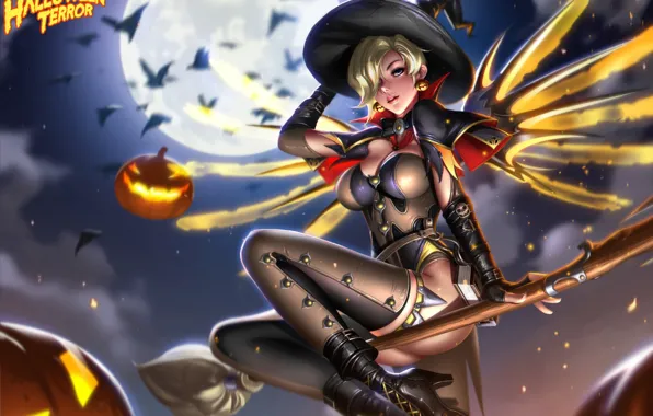 Picture ass, chest, the sky, night, the moon, hat, pumpkin, heels, witch, broom, the full moon, …