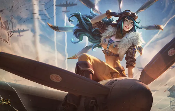 Picture girl, fantasy, game, tower, green eyes, aircraft, planes, League of Legends, artwork, suit, fantasy art, …