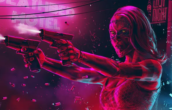 Picture Girl, Figure, Neon, Sleeve, Fiction, Cyborg, Guns, Cyber, Deathbed hotel