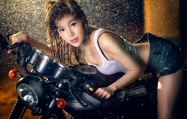 Picture look, pose, rain, shorts, motorcycle, Asian