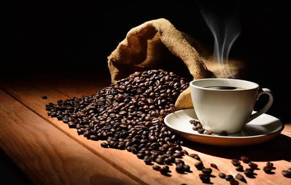 Picture table, background, black, coffee, grain, Cup, drink, bag, brown, saucer, aroma, smoke, coffee beans, array, …