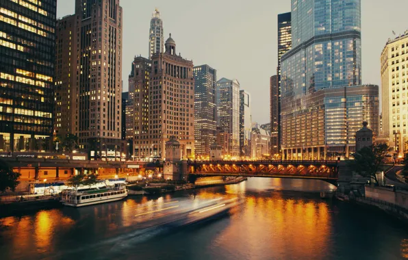 Picture Home, The evening, Pier, The city, River, Chicago, Skyscrapers, Boat, USA, Bridges, Boats
