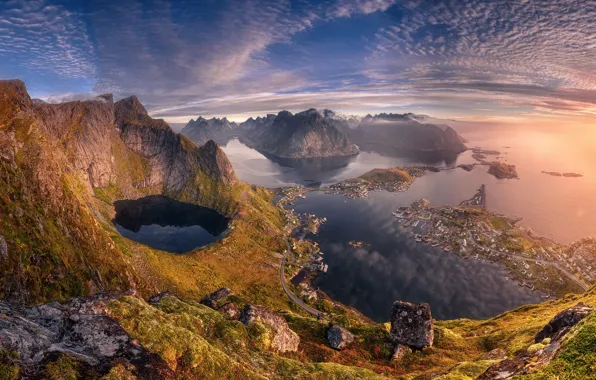 Picture light, mountains, Norway, town, the fjord, The Lofoten Islands