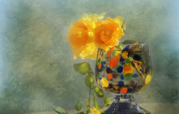 Picture flowers, style, roses, texture, vase, yellow roses