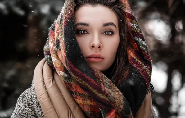 Picture winter, look, girl, snow, portrait, scarf, photographer, shawl, Model, bokeh, Andrey Vechkenzin, Regina Gumerova