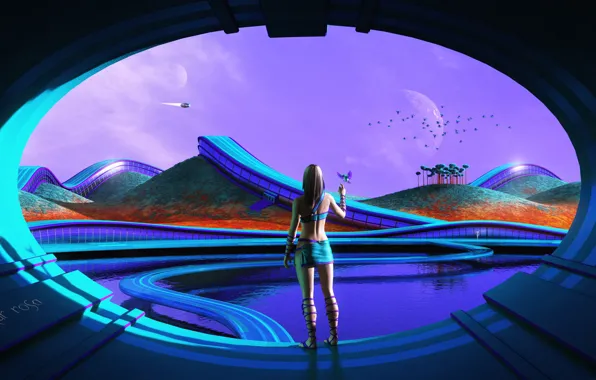 Picture the sky, girl, trees, birds, hills, planet, pond, aircraft, Sci-Fi, Graphics, Artur Rosa, Futuristic Life