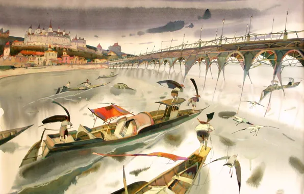 Picture boats, arch, town, ARUSHA VOZMUS, The Fourth Bridge, 2022