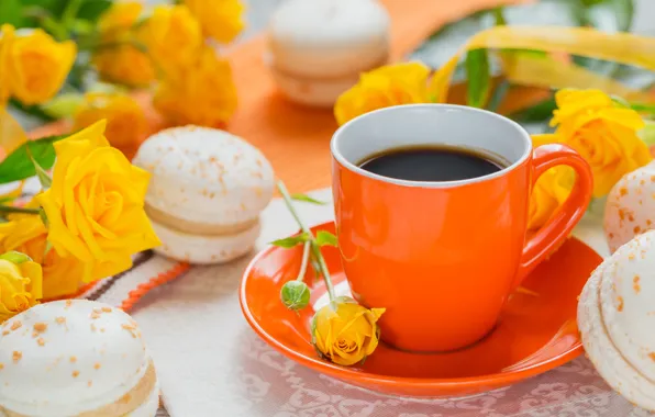 Picture coffee, cookies, Cup, macaron, yellow roses