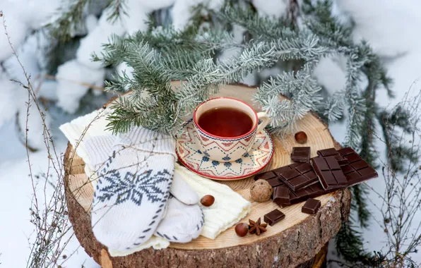 Picture winter, snow, decoration, tea, toys, tree, chocolate, New Year, Christmas, Cup, happy, Christmas, vintage, winter, …