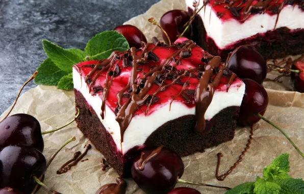 Picture cherry, berries, chocolate, cakes, Cake, Mint