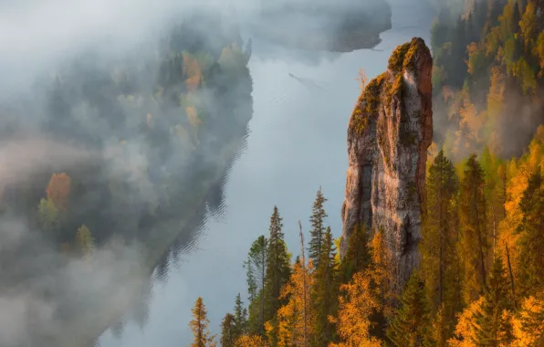 Picture autumn, fog, river, rocks