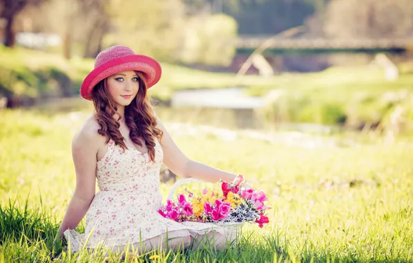 Picture girl, flowers, hat, dress, basket, bokeh