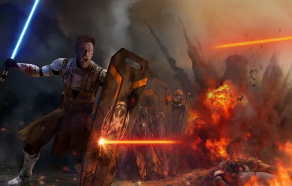Picture Star Wars, Obi-Wan Kenobi, war, fight, jedi, shield, light saber, Peacekeeper, by thetechromancer