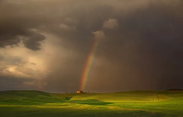 Picture field, the sky, light, house, rainbow