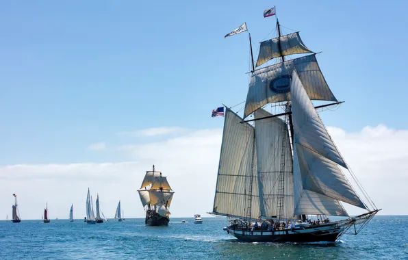 Picture sea, yachts, CA, sails, California, sailboats, schooner, San Diego Bay, Californian, Bay San Diego, Tall …