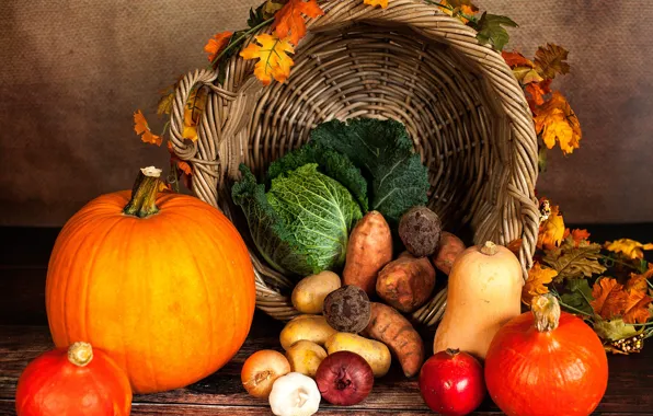 Picture autumn, leaves, table, basket, yellow, bow, pumpkin, vegetables, carrots, cabbage, garnet, garlic, potatoes